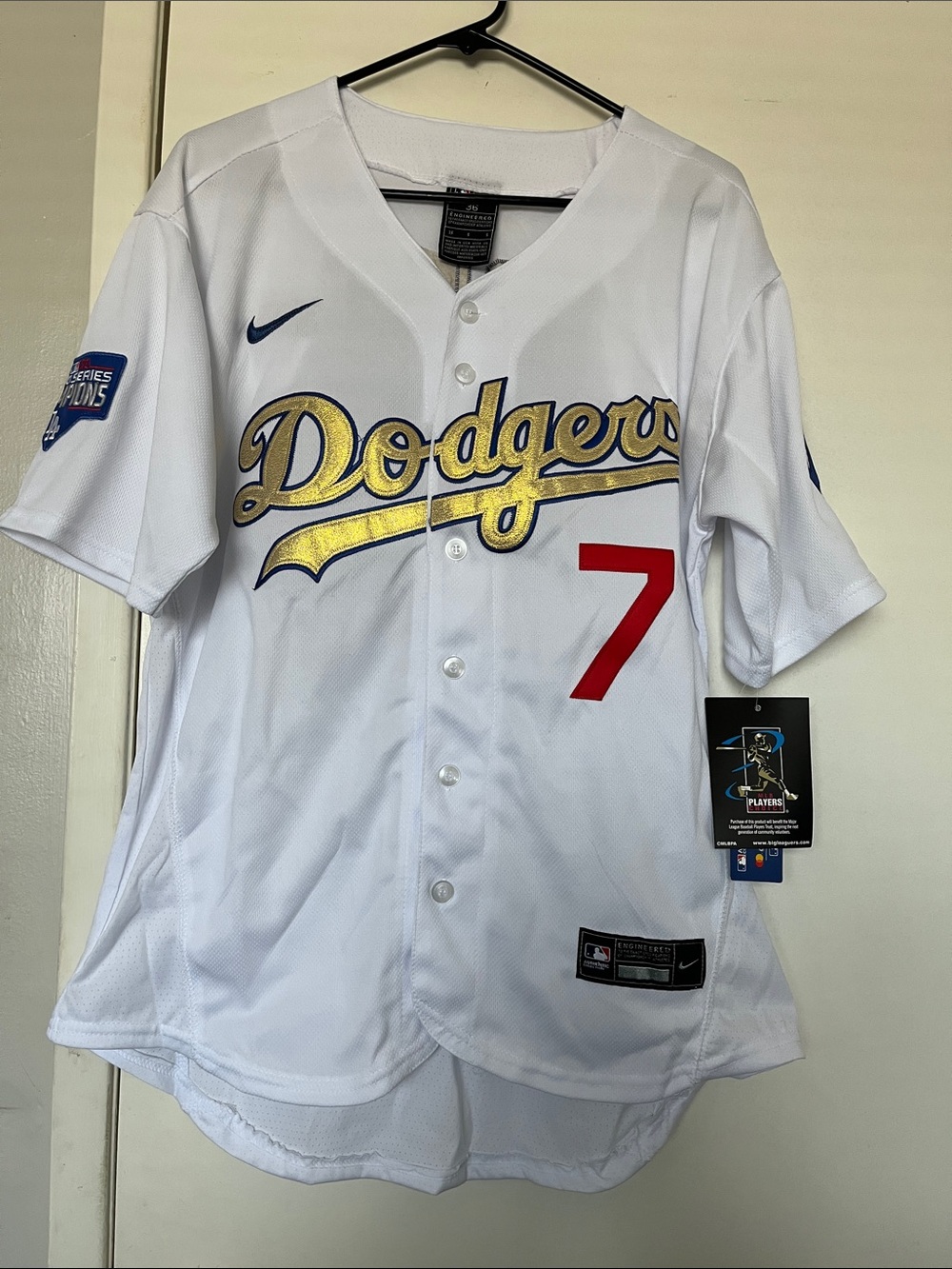 Nike White Dodgers 2020 Championship Jersey with Gold Script